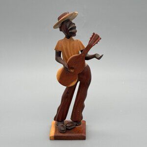 Vintage Hand Carved Wooden Guitar Player Figurine Folk Art Musician Sculpture